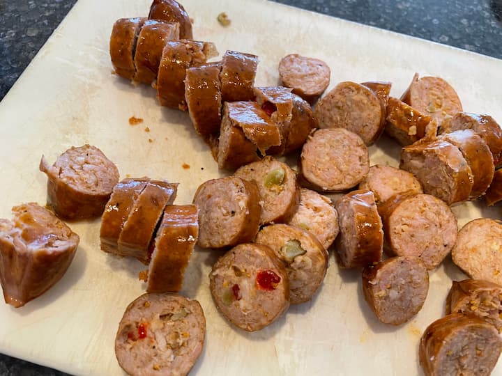 Another option was to add sausage.  I bought Simple Truth Italian Chicken Sausage Links, and I sliced them up.