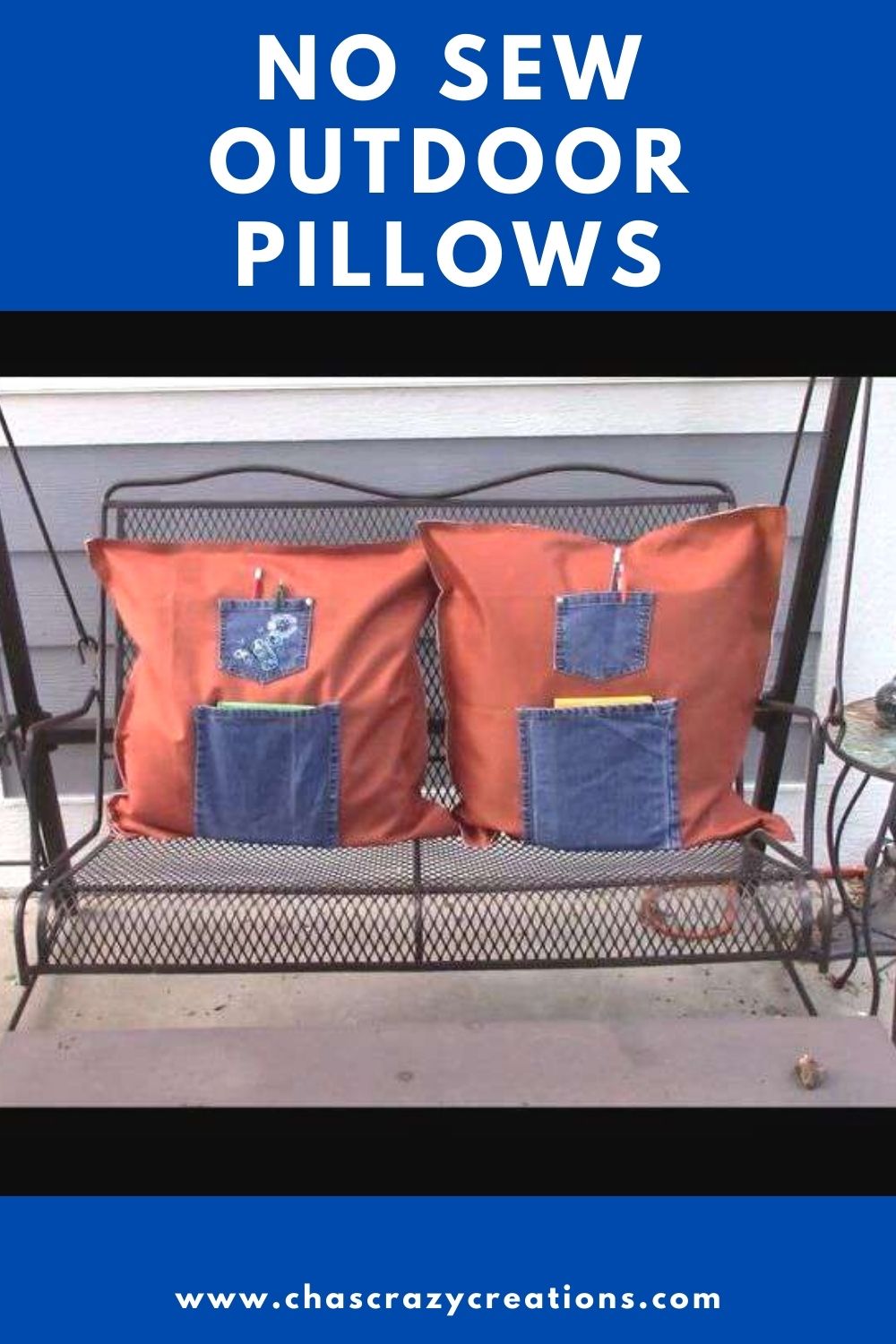 no sew outdoor pillows on patio bench pin image with text overlay