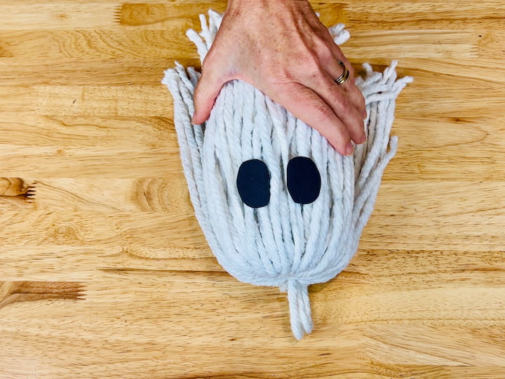 I cut up some construction paper and I made two eyes. And then I hot glued the eyes onto the mop.