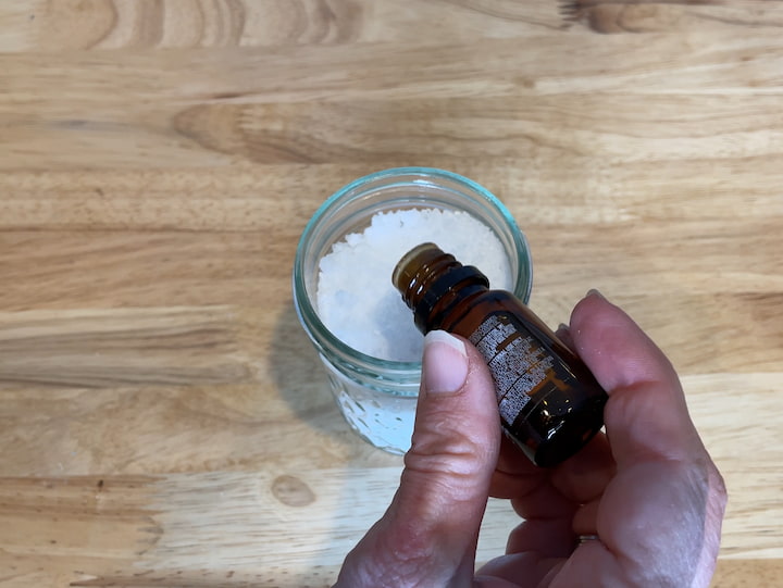 I added a few drops of lavender essential oil to the salt.  If you have someone who is sensitive to scents, you can easily omit this step.  The more drops, the stronger the scent will be, fewer drops mean a weaker scent.  