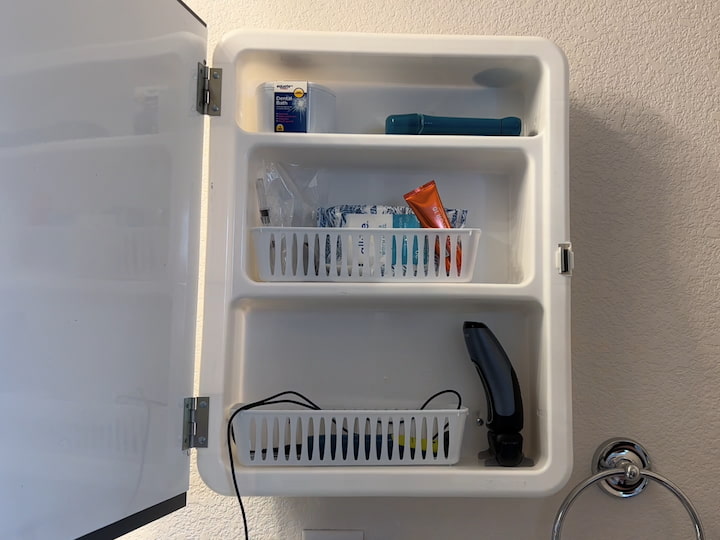 I purchased a medicine cabinet for my son's side.  The only thing I would have liked was to have adjustable shelves.  I purchased small shelves that would fit inside and organized some of his daily supplies.