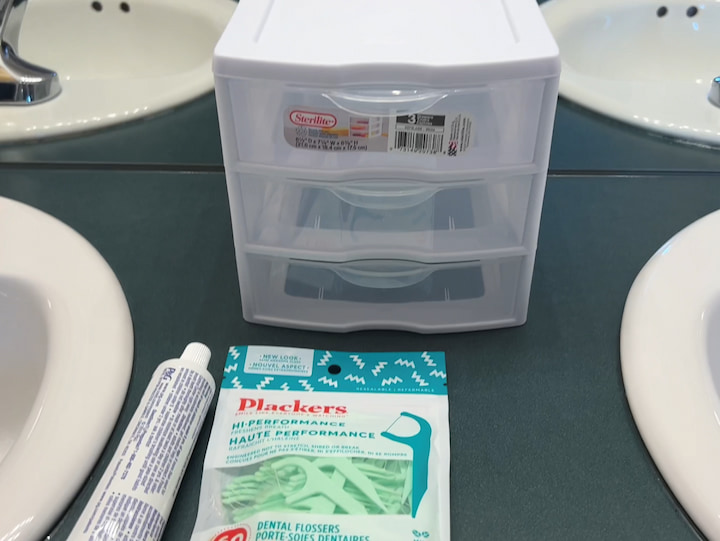 I purchased a mini 3 drawer unit to be placed on the counter in the center for regular items they would both use.  I placed toothpaste, flossers, retainer cleaners, etc in these drawers.  When it comes to cleaning, they would be able to pick it up and clean the counter underneath easily.