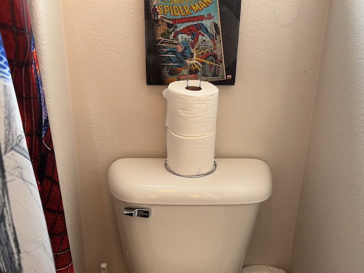 I used a paper towel rack to hold a few backup toilet paper roles on the back of the toilet.