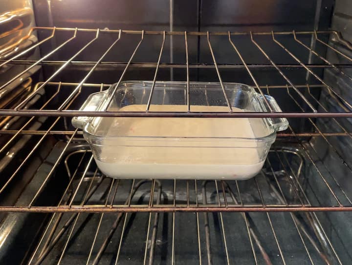 Pour the pancake mixture into the baking dish, and bake at 350 degrees for approximately 20-30 minutes.