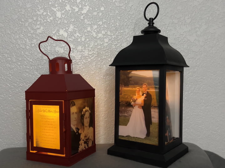 Here are the photo lantern and memorial lantern illuminated. One of my pictures slipped on the right so I had to go back in and get some glue dots to hold the photos in place a little better.