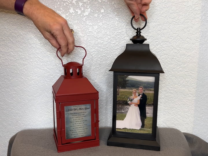 Let's take a walk around the lanterns in the light before I share them illuminated. This is a picture of the first vellum paper saying on the left, and our wedding picture on the right.