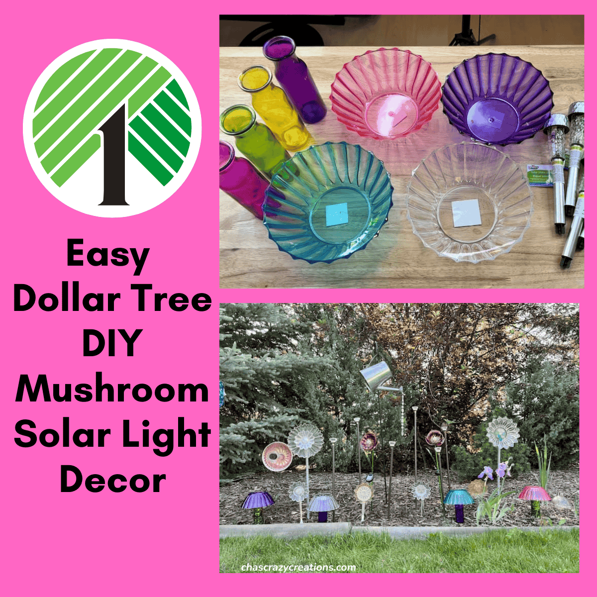 Create glowing garden mushrooms using Dollar Tree bowls and vases! A cheap, easy DIY solar light project to add whimsy to your yard.