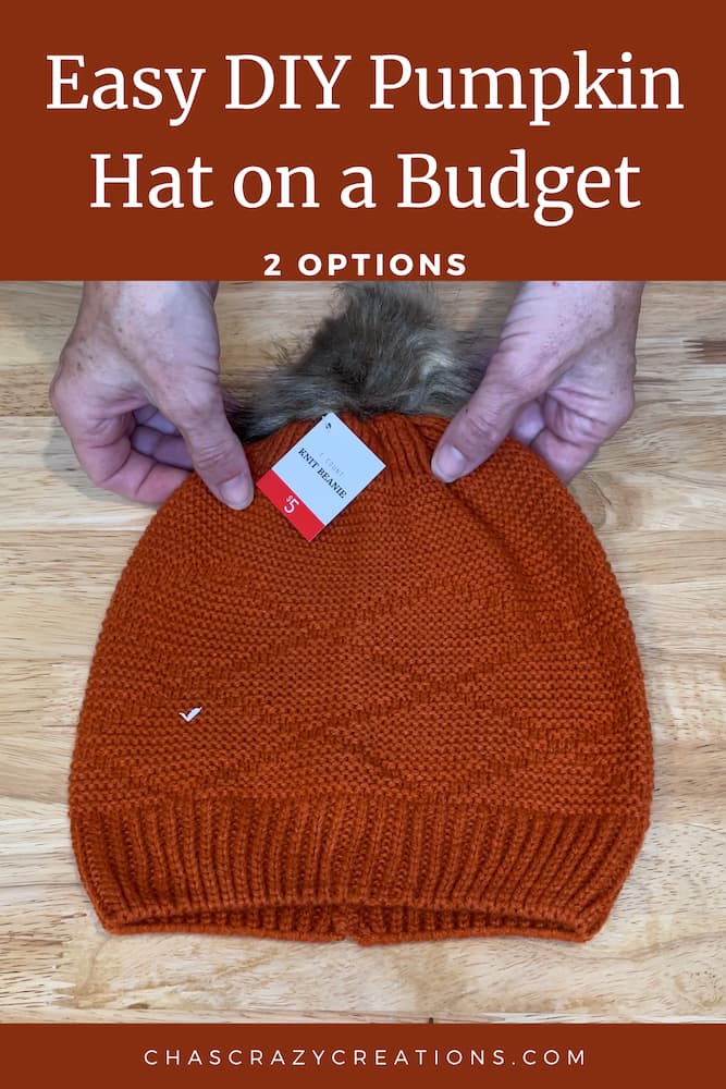Are you looking for an easy DIY pumpkin hat? I bought an inexpensive hat and added some yarn or stick-on felt to make these 2 options on a budget.