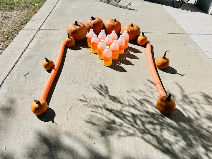 You can use a kickball or tennis ball of your choice as the bowling ball or you can use mini pumpkins.