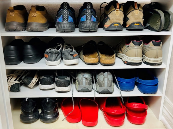 Now everybody gets a single shelf for shoe storage and each person gets four pairs of shoes that they use the most during this season.  The rest will go into each person's room.  So much better don't you think?