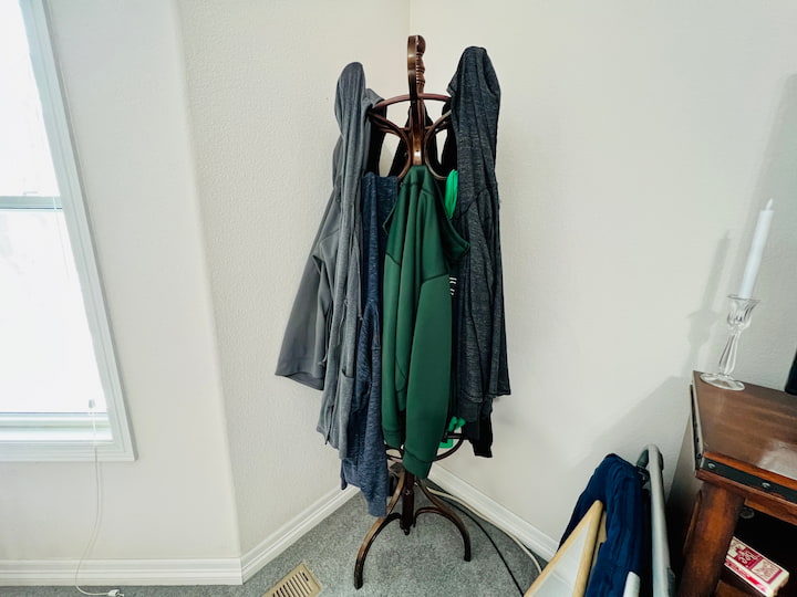 We've also been known to use our coat-hanging racks.  This one happens to be my grandmother's.