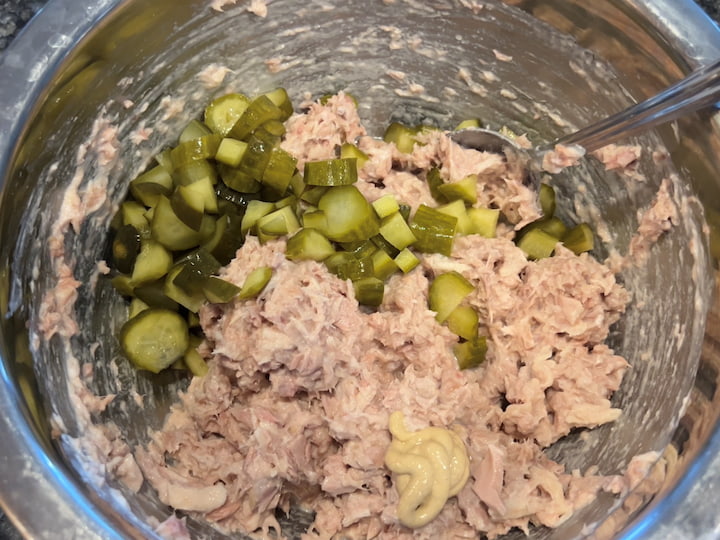 For this batch, I've added some chopped pickles, a little bit of Dijon mustard, and some pickle juice. I also added some salt, pepper and turmeric