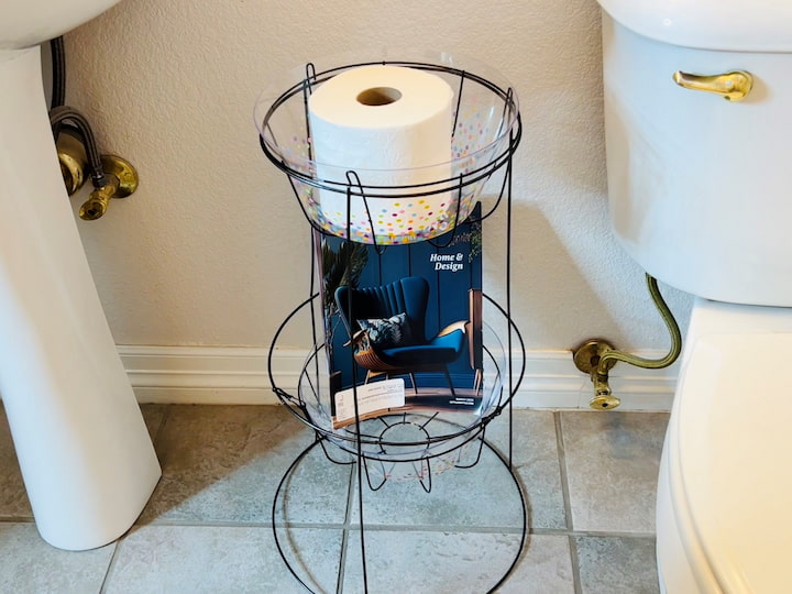 This is great for bathroom organization.  Place this unit inside your bathroom and you can easily add toilet paper magazines or other necessities.  