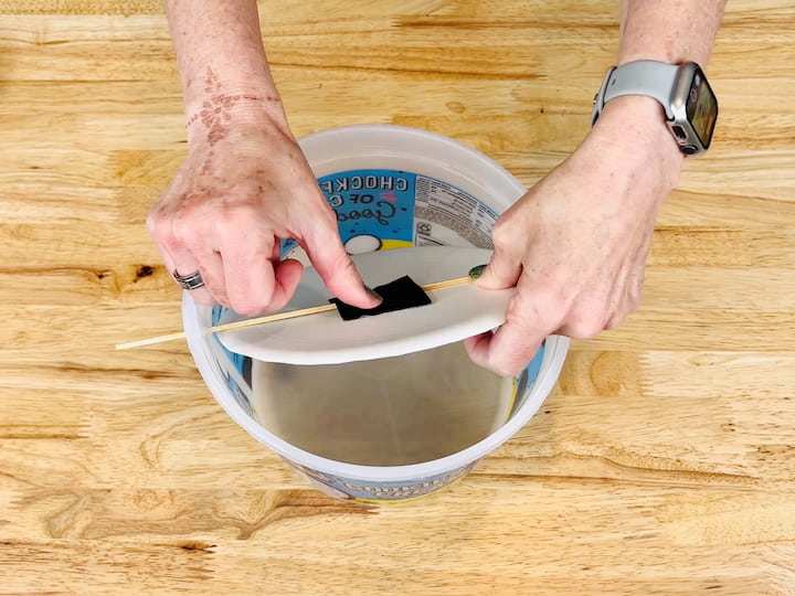 Place the paper plate inside the bucket and tape it to the skewer.