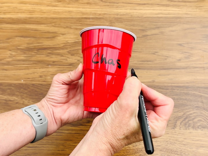 Avoid cup confusion and conserve resources by having each guest write their name on their cup with a Sharpie. This simple step ensures that everyone knows which cup is theirs and reduces the need for using multiple cups. To keep pesky bugs out of the cups, place muffin liners on top as protective covers.