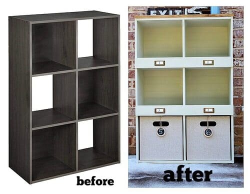 Before and after of a laminate DIY storage cube makeover