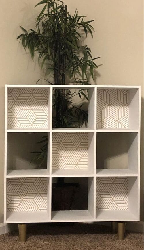 DIY Cube Storage Makeover with White Paint and Geometrical Wallpaper