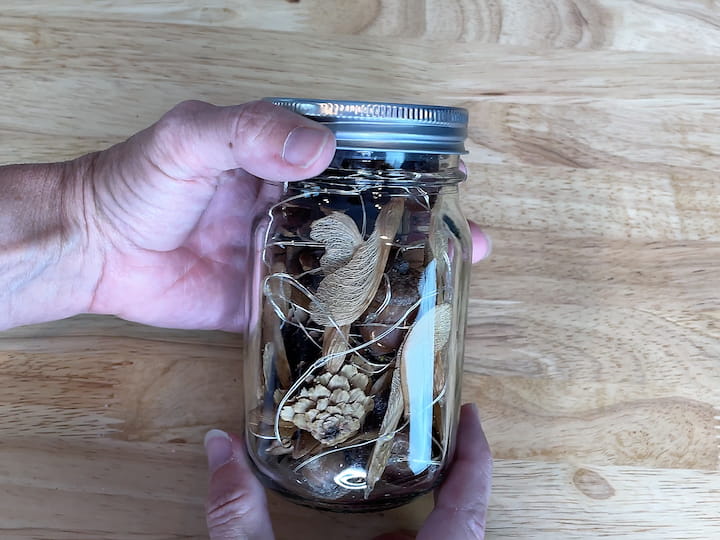 Place some of the fairy lights at the bottom of the jar. Add acorns, pine cones, and any other natural materials you like. Continue alternating between lights and filling materials until the jar is full.