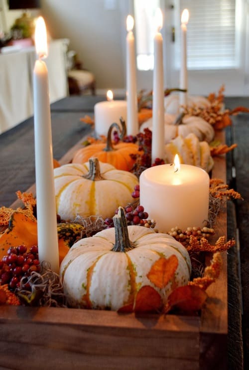Dressing Up Your Table for Fall Wooden Box with Pumpkins and Candles