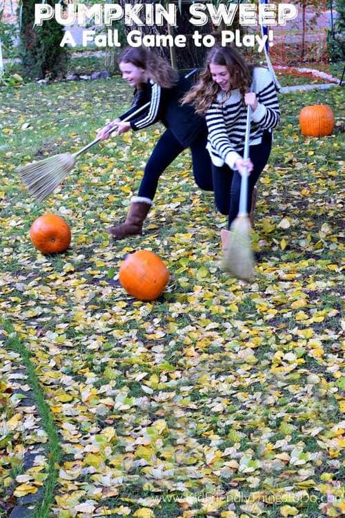 pumpkin sweep fall game to play both girls playing smiling