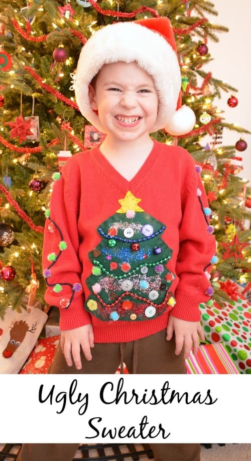 Kid-Friendly Ugly Sweater DIY Christmas Tree with Glitter and Ornaments