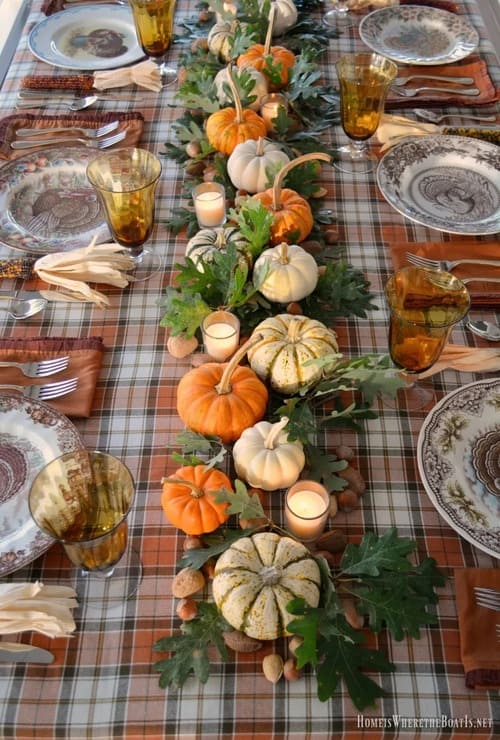 Thanksgiving Table with Turkey Plates Plaid and Pumpkin-Oak Leaf Runner