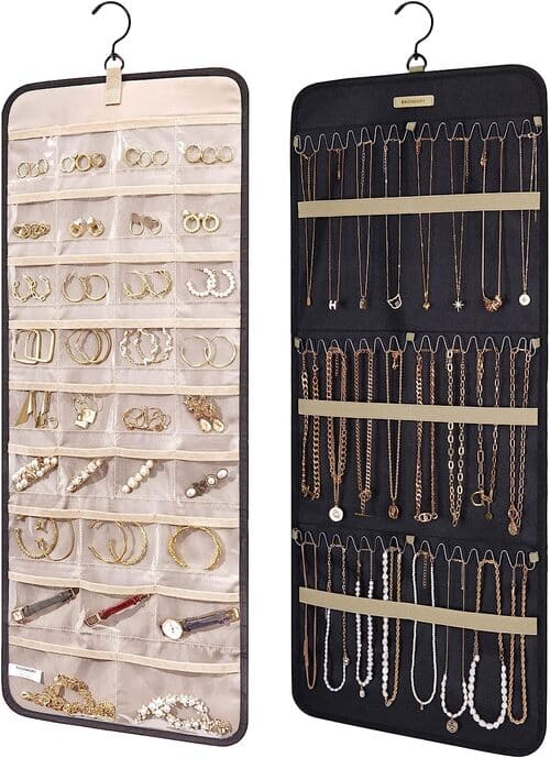 Double-Sided Hanging Jewelry Organizer with Hanger and Metal Hooks