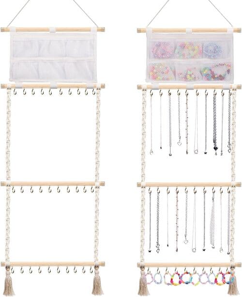Wall Mounted Hanging Macrame Jewelry Organizer Holder with 30 Hook