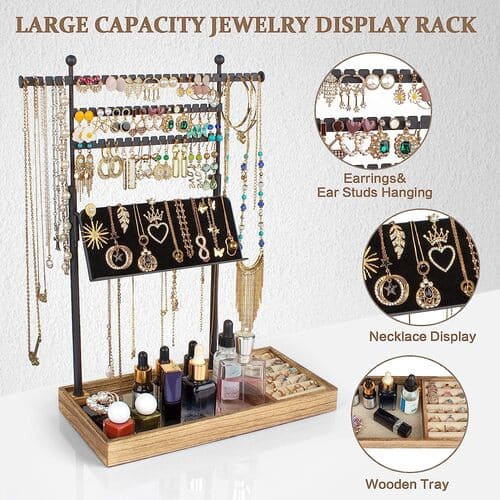 3 Tier Jewelry Stand with Necklace Display Holder With Rustic Wood Base Tray