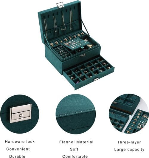 3-Layer Green Velvet Jewelry Display Case with Lock