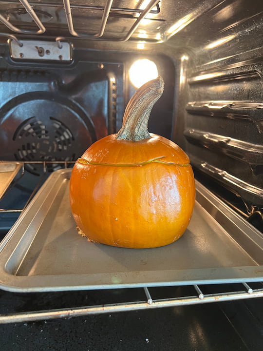 Place the mixture into the pumpkin and put the top of the pumpkin back on.  Place the pumpkin on a baking sheet, and bake at 350 degrees for approximately one hour.
