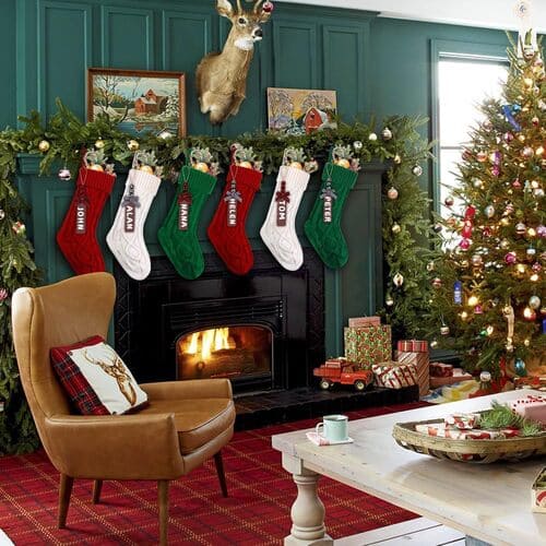 Christmas Knitted Hanging Stockings with Name Tags (Pack of 6)