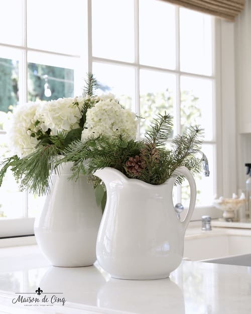 White Hydrangeas With a Tiny Pine Tree Brighten The Living room