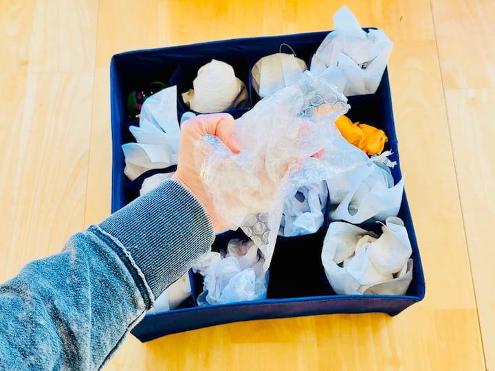 wrapping ornament with reused bubble wrap