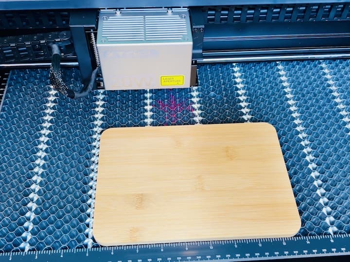 Step 2: Set Up Parameters Just like in the previous projects, set up all the parameters in XTools Creative Space ahead of time. This includes marking the type of material (bamboo cutting board) and configuring the distance on the laser cutter bed.