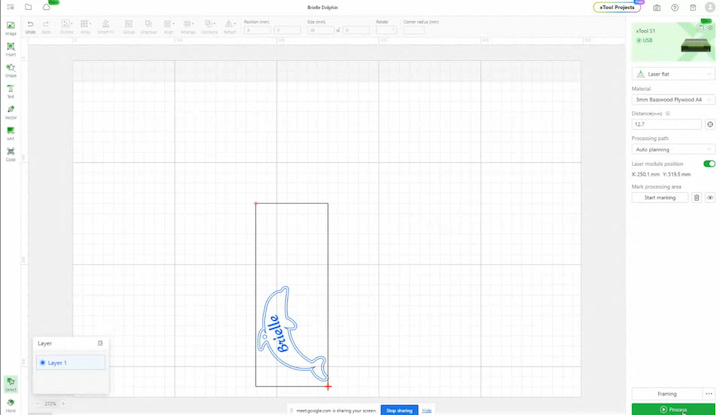 Step 4: Design Your Project Explore the creative options in XTools Creative Space. For this project, select an animal shape – we chose a dolphin. Enlarge the shape, mark it for scoring, duplicate it for cutting, and add text for engraving. Optionally, include a small circle for hanging.