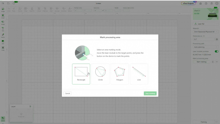 Step 3: Set Up Marking Process Choose the shape for your project using the marking process in the software. Follow on-screen instructions to mark the top and bottom corners of the wood piece.