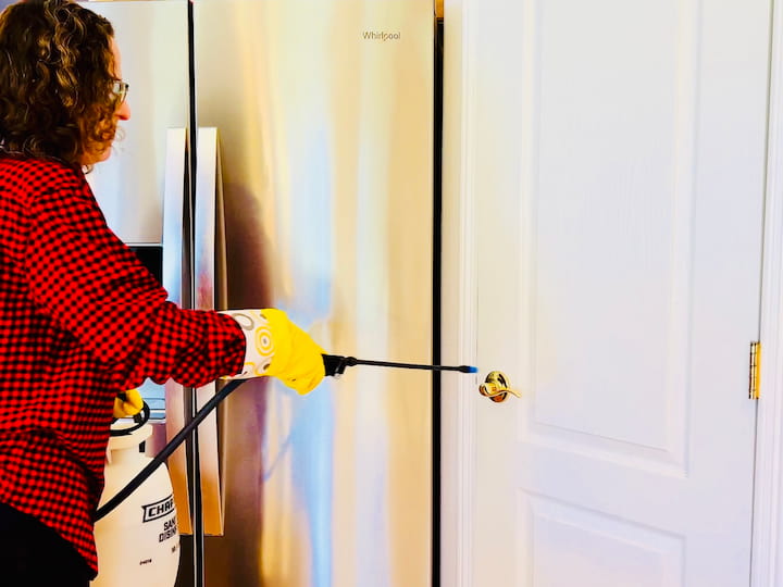 While I'm in my kitchen, I make sure that I sanitize my door handle to my pantry, as well as my refrigerator door handles. This is a very germy place, and so I make sure to disinfect those as well as the water dispenser. 