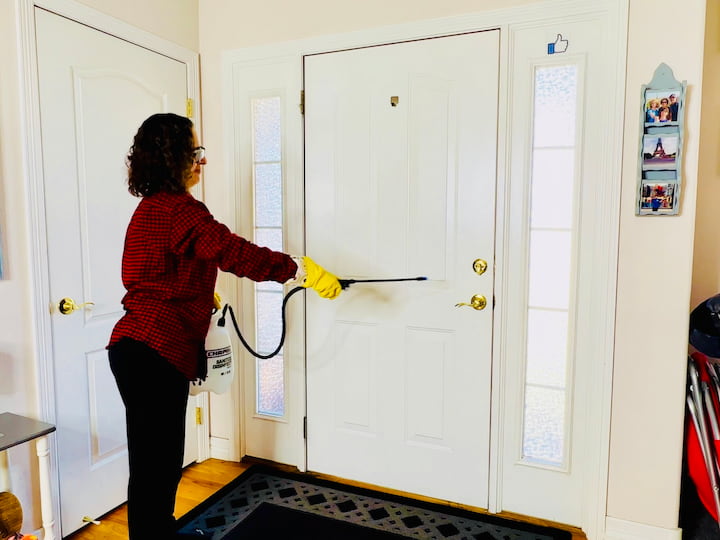 Remove all of those germs. You can even spray any doorway. I'm using it here to spray my front doorway. And in addition to that, I make sure to hit the locks and the doorknobs as well. 