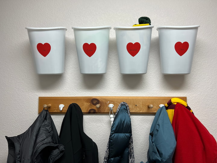 If you’re short on closet space you might be interested in checking out my Winter Gear Storage that created using command hooks and trash bins.  I added Munbyn heart labels to the front of each of these with our names on them.