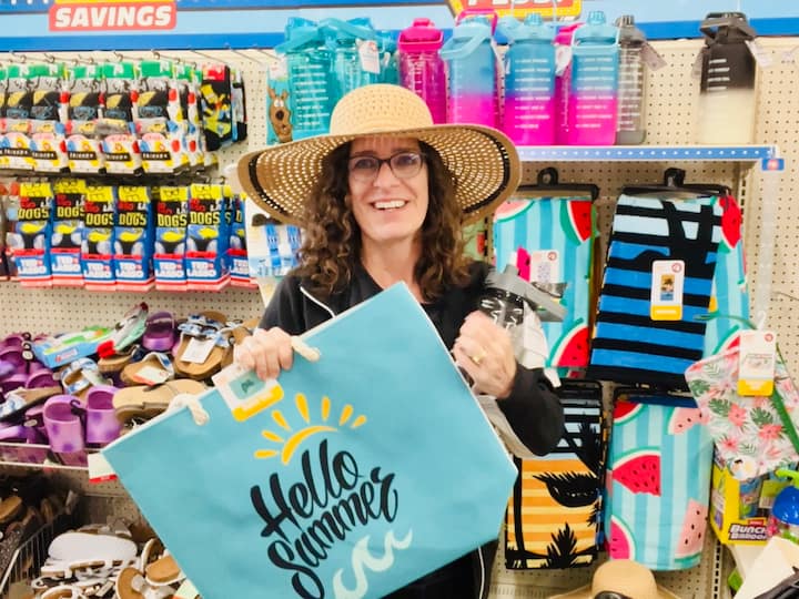 summer beach, pool and yard finds from the dollar store like bags, hats and water bottles