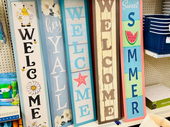 summer porch and welcome signs from the dollar store