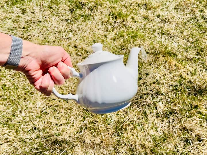 old teapot that had cracked. I put silicone to secure the top. Then I added a dab of silicone to the pouring spout and added a little crystal to it