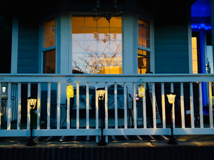 solar lights on porch lit at night