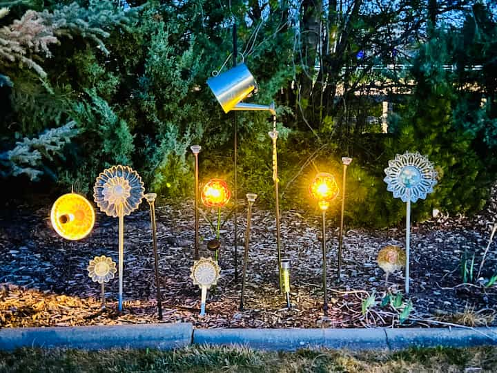 solar dish garden at night glowing