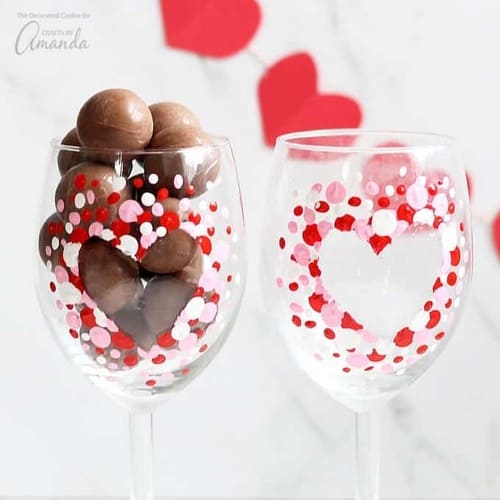 Valentine's Day Wine Glass Painting Idea hearts and dots