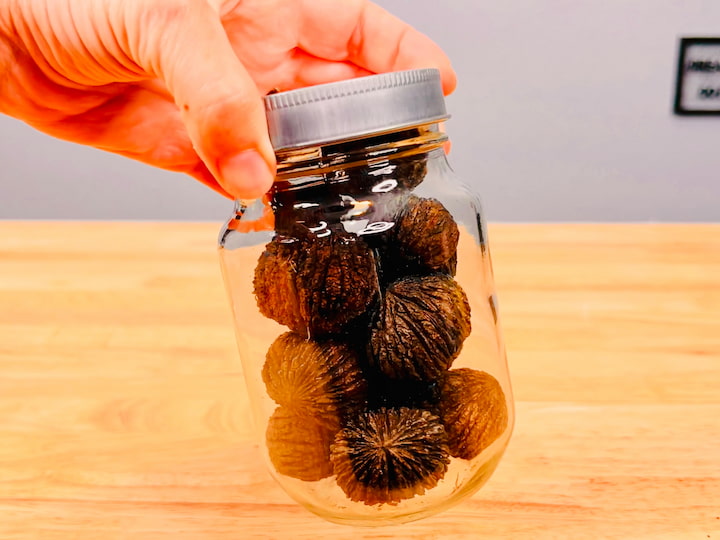 Our family farm has a black walnut tree, so I grabbed a bunch of those and I placed them into a jar.