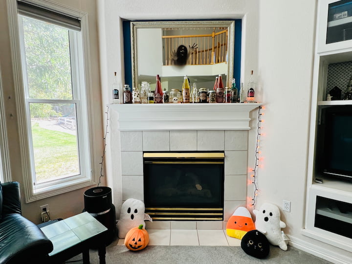 Here you can see the Halloween mantel from a distance for the whole effect during the day.