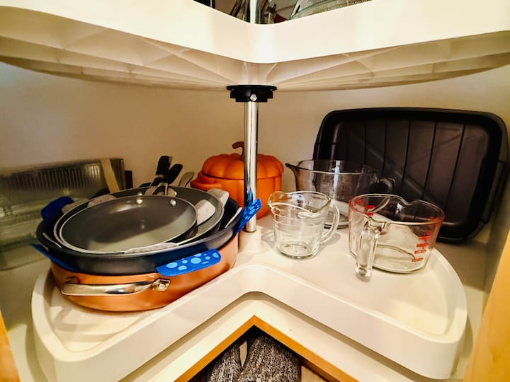 bottom shelf of lazy susan organized