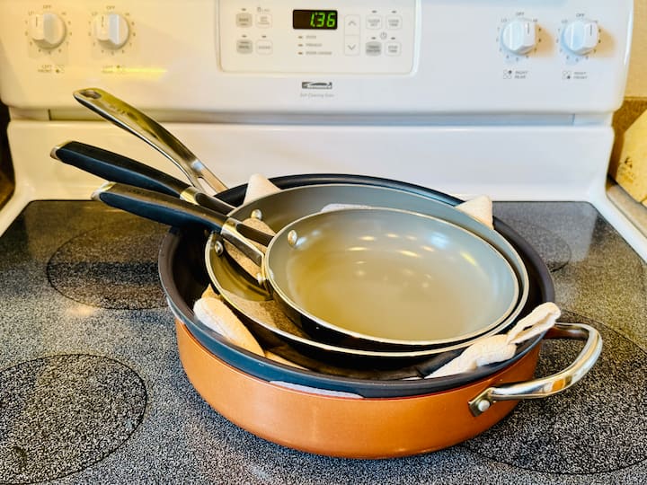 stacked fry pans